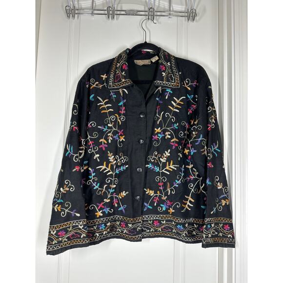 Life Style Black Floral Silk Blend Embroidered Long Sleeve Lightweight Jacket M - Picture 7 of 15